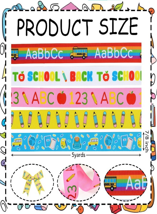 Ribest School Ribbon, 7/8 Inch Back to School Themed Teacher Grosgrain Decorative Ribbon with Bus Pencil Apple ABC Alphabet Pattern for Crafts Gift Wrapping Hair Sewing Wreath, 5 Rolls Total 25 Yards - Image 2